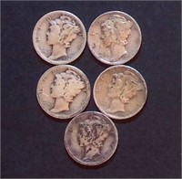 (5) "Mercury" Silver Dimes, Vars. Yrs/Mints