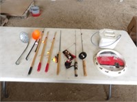 Various Ice Fishing Rods, Scoop, Bucket Base, Misc