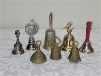 LOT OF 8 BRASS & METAL BELLS THE TALLEST IS 5.5"