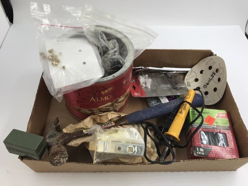 BOX OF HARDWARE AND TOOLS - HAMMERS, NAILS,