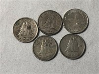 5 Canadian Silver 10 Cent Coins