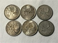 6 Canadian Silver 25 Cent Coins