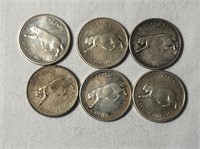 6 x 1967 Canadian Silver 25 Cent Coins