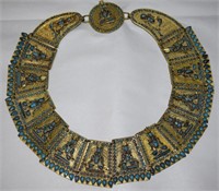 Vtg Tibetan Brass Figural Panel Necklace w/ Turq