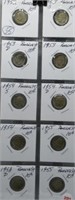 (10) Roosevelt dimes including 1952 P, 1953 S,