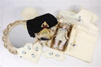Embroidered Tablecloth Set, Mirror & Bisque Doll