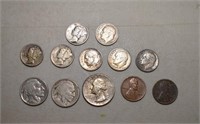LOT - 2 WHEAT CENTS, 7 SILVER DIMES,