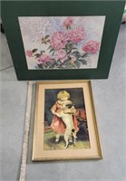 2 prints - dog and floral - no glass on cart 35