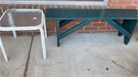 Green bench and small outdoor side table, bench