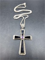 Sterling Cross Onyx & Amethyst Pendant  & 20in