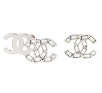 CHANEL Crystal Double CC Silver Earrings