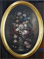 OVAL FLOWER STILL LIFE OIL ON CANVAS SIGNED