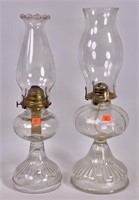 2 Kerosene lamps, clear glass, 5" & 6" diameter,