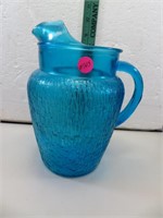 Vintage Blue Glass Pitcher with Ice Lip 9"