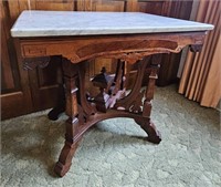 Ornate Walnut Burl Marble Top Parlor Table
