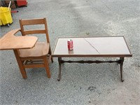 School Desk chair and a mahogany coffee table