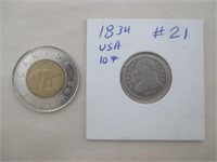 Une pièce de 10¢ en argent USA de 1834