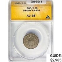 1883/2 Shield Nickel ANACS AU58 FS-304