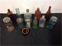ASSORTED BOTTLES AND MASON JARS 12 PIECES