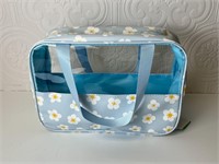 Blue Half Floral Print Handle Make Up Bag