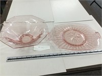 Pink glass platter and Heisey bowl