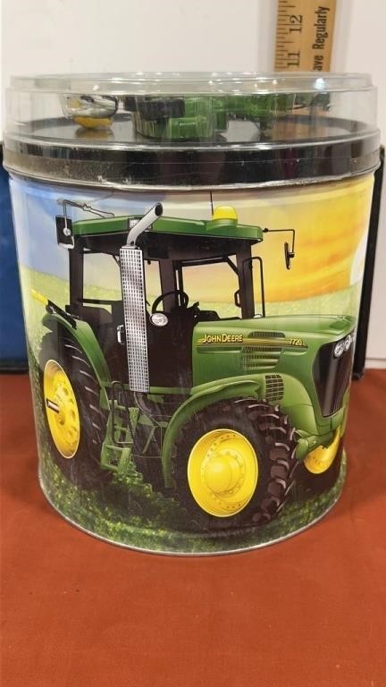 John Deere empty popcorn tin with lid and toys