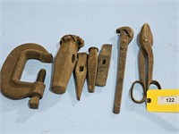 EARLY TIN SNIPS, HAMMER HEADS, CLAMP