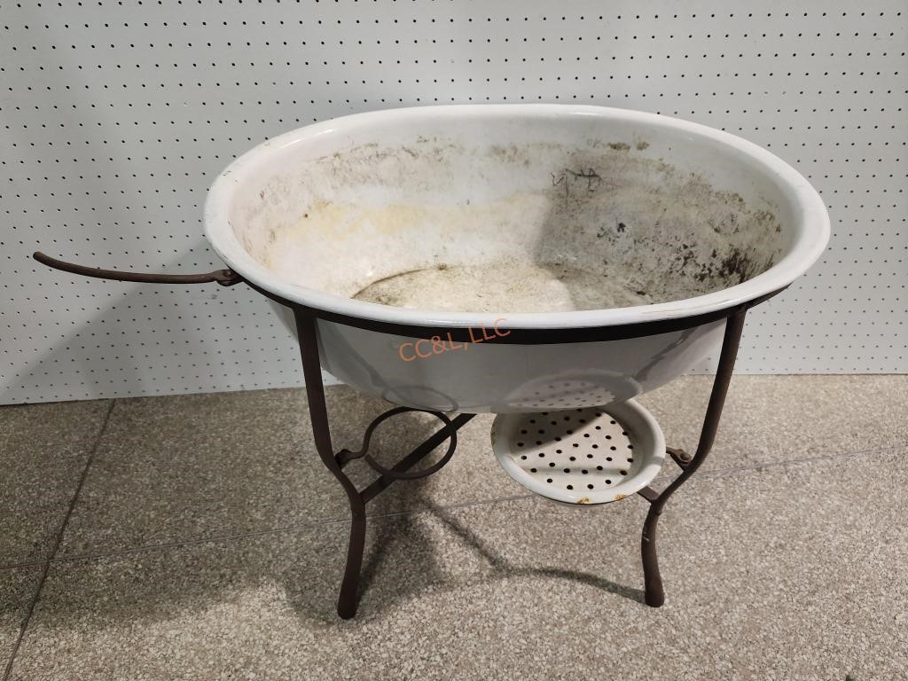 Antique Metal Enamel Dish Pan on Stand