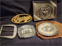 5 belt buckles: the State of Texas. The Alamo.