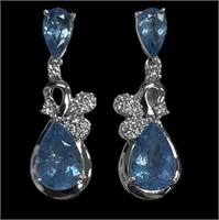 14K WHITE GOLD AQUAMARINE BERYL & DIAMOND EARRINGS