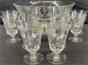 Etched Glass Set & Romania Crystal Bowl