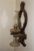 Antique Oil Lamp with Oak Wall Mount Stand