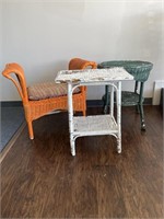 3 wicker pieces-white wicker side table, orange
