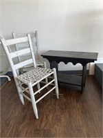 Black wooden bench with 2 chairs painted gray. 1