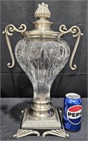 Vintage Cut Crystal Urn w Nickle Plated Brass