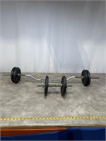 Curl bar with 4 ten pound weights and dumbbell