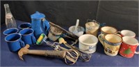 Miscellaneous kitchen items including mortar and