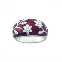 Sterling Silver Red Enamel Flower Crystal Ring