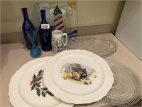 Blue bottles, 2 holiday & other platters