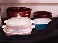 Group of kitchen items: three brown crock mixing