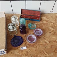 Antique Colored Glass Insulators, Wood Pencil Box