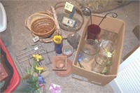 Artificial flowers, baskets, vases