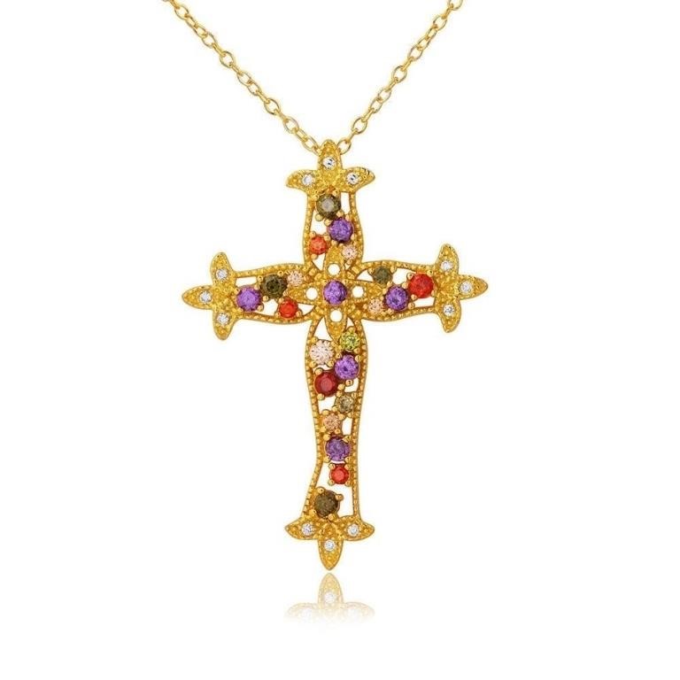 Sterling Silver Multi Color Crystal Cross Necklace