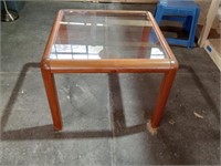 Wooden End Table With Glass Top, 21" Tall x 27" Wi