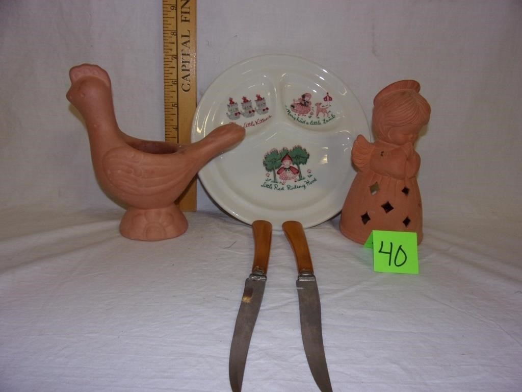 child's plate-2 terra cotta figurines-2 knives