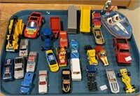 Tray lot of assortment of toy cars, trucks, boats,