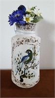 8" Tall Hand-Painted Bird Themed Vase w/ Flowers