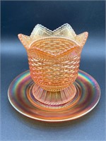 Carnival Glass Marigold Basketweave Bowl & Dish