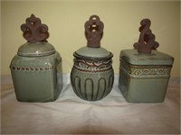 3 Small Covered Containers 7" T