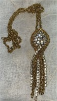 Long Gold Tone Clear Crystals Tassel Necklace